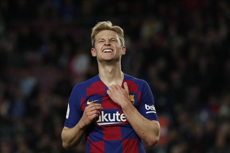 Barcelona's Frenkie de Jong reacts during a Spanish Copa del Rey soccer match between Barcelona and Leganes at the Camp Nou stadium in Barcelona, Spain, Thursday, Jan. 30, 2020. (AP Photo/Joan Mo ...