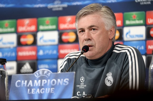 Real Madrid&#039;s coach Carlo Ancelotti talks during a press conference ahead of Tuesday&#039;s Champions League semifinal first leg soccer match between Juventus and Real Madrid, at Turin&#039;s Juv ...