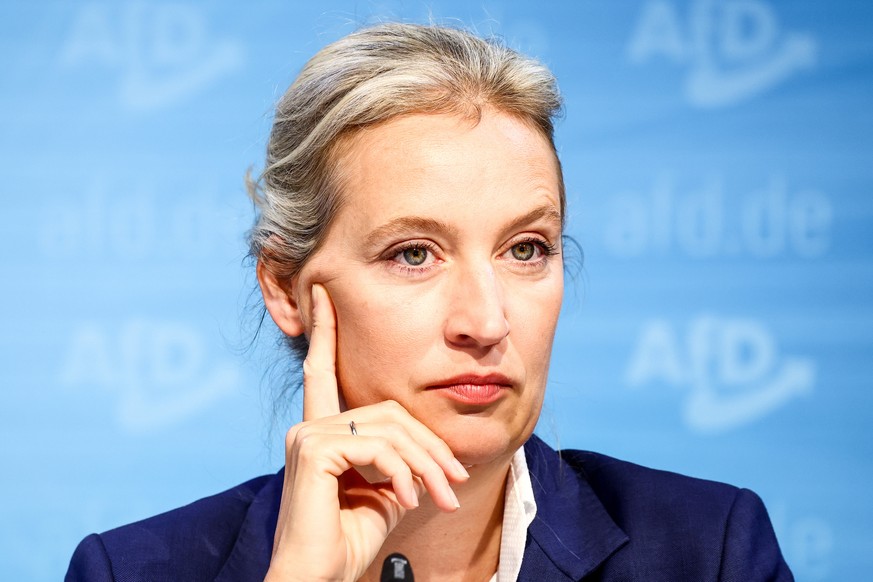 epa11620258 Alternative for Germany (AfD) deputy chairwoman, Alice Weidel, attends an attend an AfD party press conference in Berlin, 23 September 2024. The regional state parliament election in Brand ...