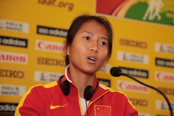 TAICANG, CHINA - MAY 02: Liu Hong of China speaks at the press conference of the 24th IAAF World Race Walking Cup 2014 on May 2, 2014 in Taicang, China. (Photo by Kevin Lee/Getty Images for IAAF)