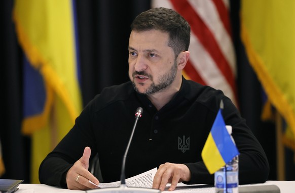 epa11588845 Ukraine&#039;s President Volodymyr Zelensky delivers an address during the seventh meeting of the Ukraine Defense Contact Group (UDCG) at the US Air Base in Ramstein, Germany, 06 September ...