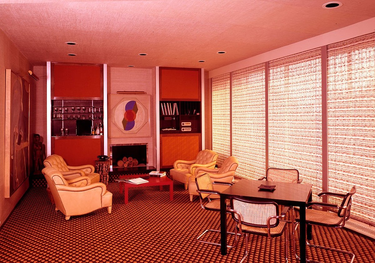 1969 living room: Interior with record player and radio, drinks cabinet and African sculptures. Creator: Arthur Charles Kirby Ware. (Photo by Ware in the World/Heritage Images via Getty Images)