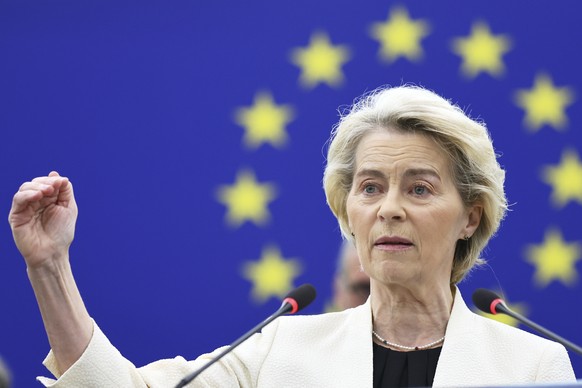 European Commission President Ursula Von der Leyen delivers her speech on EU support for peace in Ukraine, Wednesday, May 7, 2025 at the European Parliament in Strasbourg, eastern France. (AP Photo/An ...