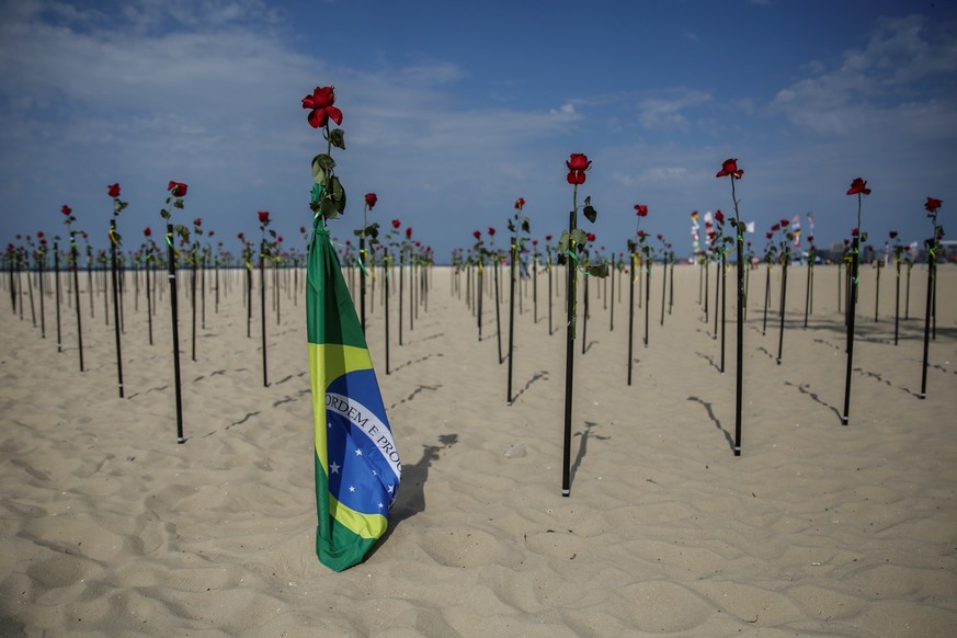 epa09288808 View of hundreds of red roses that were &#039;planted&#039; in the emblematic Copacabana beach, in Rio de Janeiro, Brazil, 20 June 2021. Hundreds of red roses were &#039;planted&#039; on t ...
