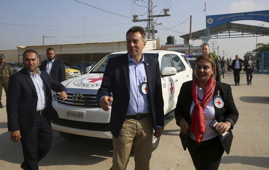 Peter Maurer, the president of the International Committee of the Red Cross (ICRC), talks to the media upon his arrival at the Palestinian side of the Erez checkpoint in Beit Hanoun, northern Gaza Str ...