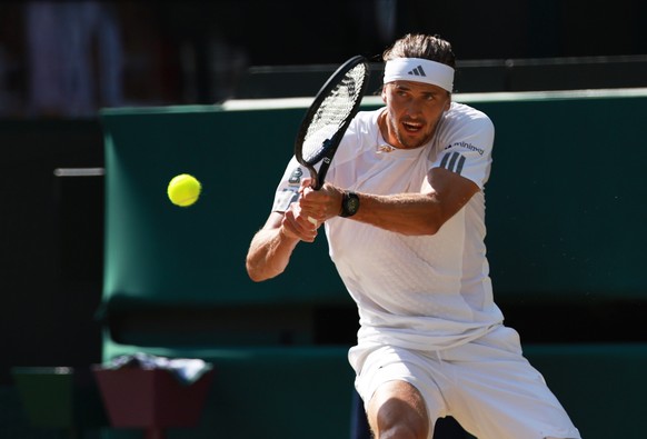 epa13098535 Alexander Zverev of Germany in action during his Men's Singles quarter-final match against Taylor Fritz of the USA at the Wimbledon Championships in London, Britain, 08 July 2026. EPA ...