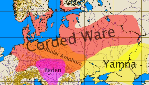 Geographische Verbreitung der Schnurkeramik-Kultur (Corded Ware) und der Jamnaja-Kultur (Yamna). &nbsp;