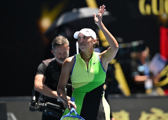 epa12662790 Madison Keys of USA celebrates winning her match against Oleksandra Oliynykova of Ukraine in their Women's Singles first round match on day 3 of the Australian Open tennis tournament  ...