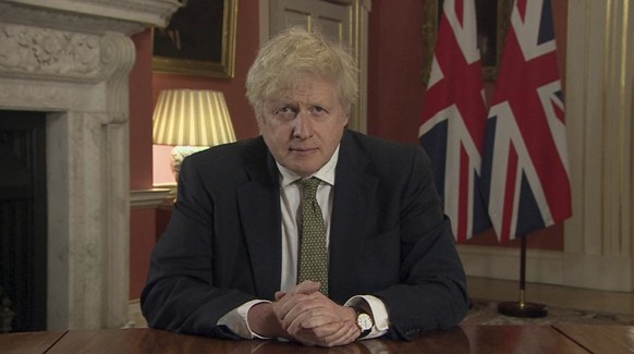 In this image taken from video, Britain&#039;s Prime Minister Boris Johnson makes a televised address to the nation from 10 Downing Street, London, Monday Jan. 4, 2021, setting out new emergency measu ...