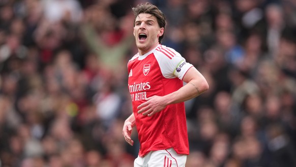 Arsenal's Declan Rice reacts during the Premier League soccer match between Arsenal and Bournemouth in London, England Saturday, April 11, 2026. (AP Photo/Dave Shopland)
Britain Soccer Premier Le ...