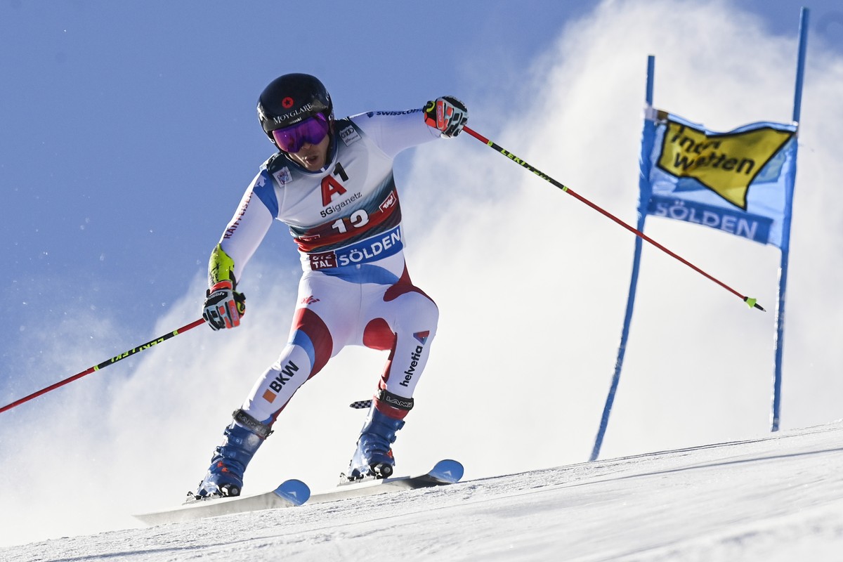 Gino Caviezel of Switzerland in action during the first run of the Men's Giant Slalom race of the FIS Alpine Ski World Cup season opener on the Rettenbach glacier, in Soelden, Austria, on Sunday, ...