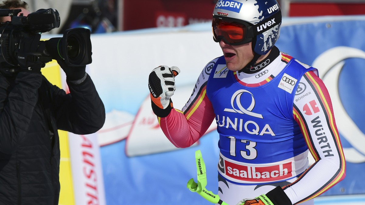 Germany's Thomas Dressen reacts at finish line after completing an alpine ski, men's World Cup downhill, in Saalbach, Austria, Thursday, Feb. 13, 2020. (AP Photo/Marco Tacca)