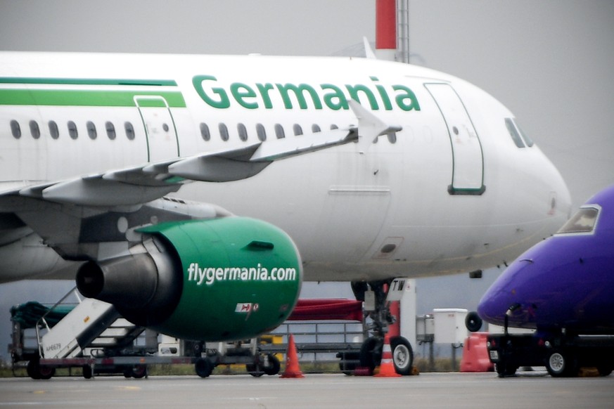 epa07344934 A Germania aircraft in parking position at the international airport in Duesseldorf, Germany, 05 February 2019. Germania Airlines filed for bankruptcy on 04 February and has ceased all ope ...