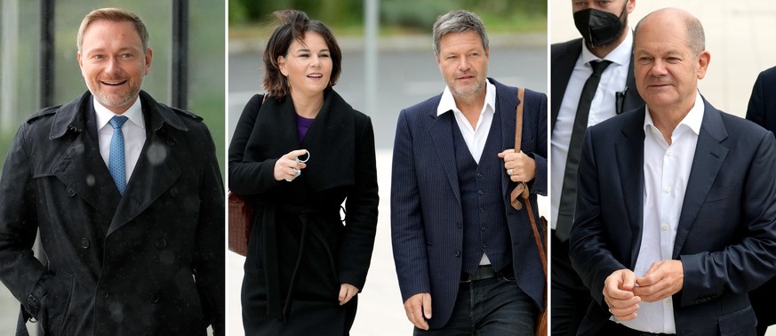FILE -- Our combination picture shows from left, Christian Lindner, chairman of the German Liberals (FDP), Annalena Baerbock, co-chairwoman of the German Green party (Die Gruenen), Robert Habeck, co-c ...