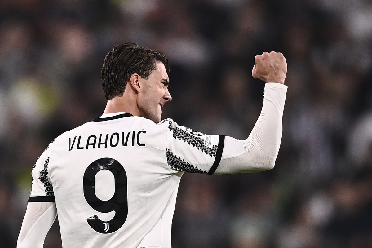 Juventus' Dusan Vlahovic celebrates scoring during the Serie A soccer match between Juventus FC and Maccabi Haifa at Juventus Stadium, Turin, Italy, Wednesday Oct. 5, 2022. (Fabio Ferrari/LaPress ...