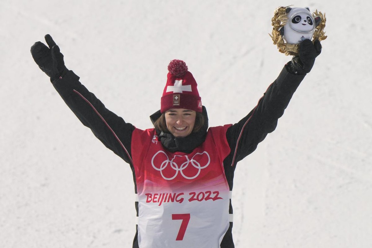 Gold medal winner Switzerland's Mathilde Gremaud celebrates during the venue award ceremony for the women's slopestyle finals at the 2022 Winter Olympics, Tuesday, Feb. 15, 2022, in Zhangjia ...