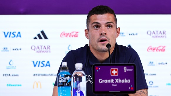 epa10322884 Switzerland's Granit Xhaka speaks during a press conference at Qatar National Convention Center (QNCC) in Doha, Qatar, 23 November 2022. Switzerland will face Cameroon in their FIFA World  ...