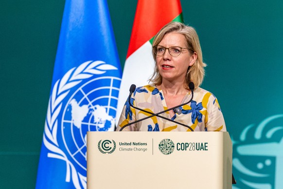 epa11018701 Federal Minister for Climate Action of Austria Leonore Gewessler speaks at a press conference during the 2023 United Nations Climate Change Conference (COP28) in Dubai, UAE, 09 December 20 ...