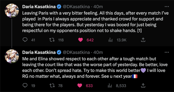 Die Botschaft von Daria Kassatkina nach den Buhrufen am French Open 2023.