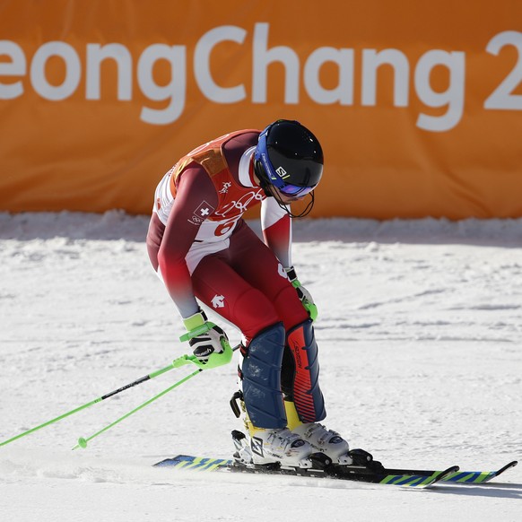 Switzerland&#039;s Luca Aerni finishes the slalom portion of the men&#039;s combined at the 2018 Winter Olympics in Jeongseon, South Korea, Tuesday, Feb. 13, 2018. (AP Photo/Christophe Ena)