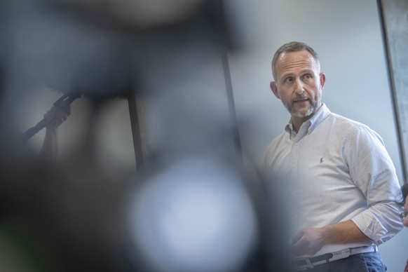 Norman Gobbi, council of state, speaks during a press conference in Locarno, southern Switzerland on Sunday June 30, 2024. The storm in the night from Saturday to Sunday destroyed various traffic rout ...