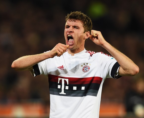 HANOVER, GERMANY - DECEMBER 19: Thomas MÃ¼ller of Muenchen reacts during the Bundesliga match between Hannover 96 and FC Bayern Muenchen at HDI-Arena on December 19, 2015 in Hanover, Germany. (Photo b ...