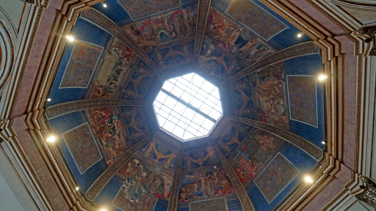 epa12833510 A view of frescoes created in 1909 by Italian painter Galileo Chini inside the entrance dome of the Central Pavilion, at the Giardini della Biennale, a building renovated in preparation of ...