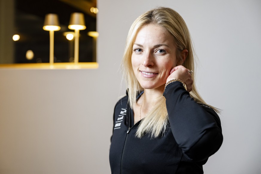 Lara Gut-Behrami of Switzerland poses during a press conference at the Alpine Skiing FIS Ski World Cup, in St. Moritz, Switzerland, Thursday, December 19, 2024. (KEYSTONE/Jean-Christophe Bott)