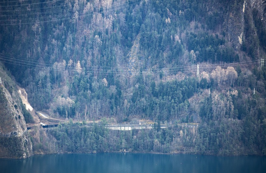 Eine Ansicht auf des Steinschlaggebiet im Bereich Buggital oberhalb der Axenstrasse zwischen Sisikon und der Tellsplatte am Donnerstag, 4. Februar 2021. (KEYSTONE/Urs Flueeler).