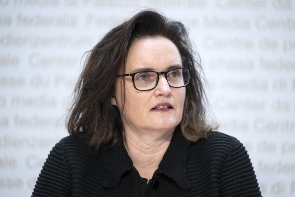 Marlene Amstad, Praesidentin des Verwaltungsrats von der Finanz Marktaufsicht FINMA, orientiert ueber die Aufarbeitung der Credit Suisse Krise, am Dienstag, 19. Dezember 2023, in Bern. (KEYSTONE/Peter ...