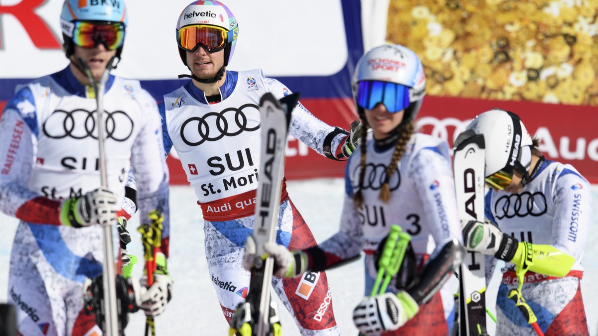 From left, Switzerland's Reto Schmidiger, Luca Aerni, Camille Rast and Wendy Holdener reacts after loosing the 1/2th final of the Nations Team Event at the 2017 FIS Alpine Skiing World Championsh ...