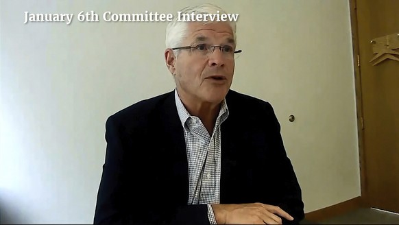 In this image from video released by the House Select Committee, Mike Shirkey, Majority Leader of the Michigan State Senate, speaks during a interview with the House select committee investigating the ...