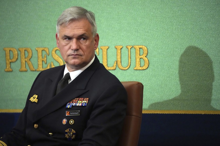 Germany&#039;s Chief of Navy Vice Adm. Kay-Achim Schonbach attends a press conference at the Japan National Press Club Tuesday, Nov. 9, 2021, in Tokyo. The German frigate is visiting Tokyo after two d ...