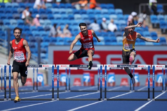 epa13161420 (L-R) Berke Akcam of Turkey, Julien Bonvin of Switzerland, and Javier Lorente of Spain compete in a Men's 400m hurdles heat at the European Athletics Championships Birmingham 2026, Bi ...