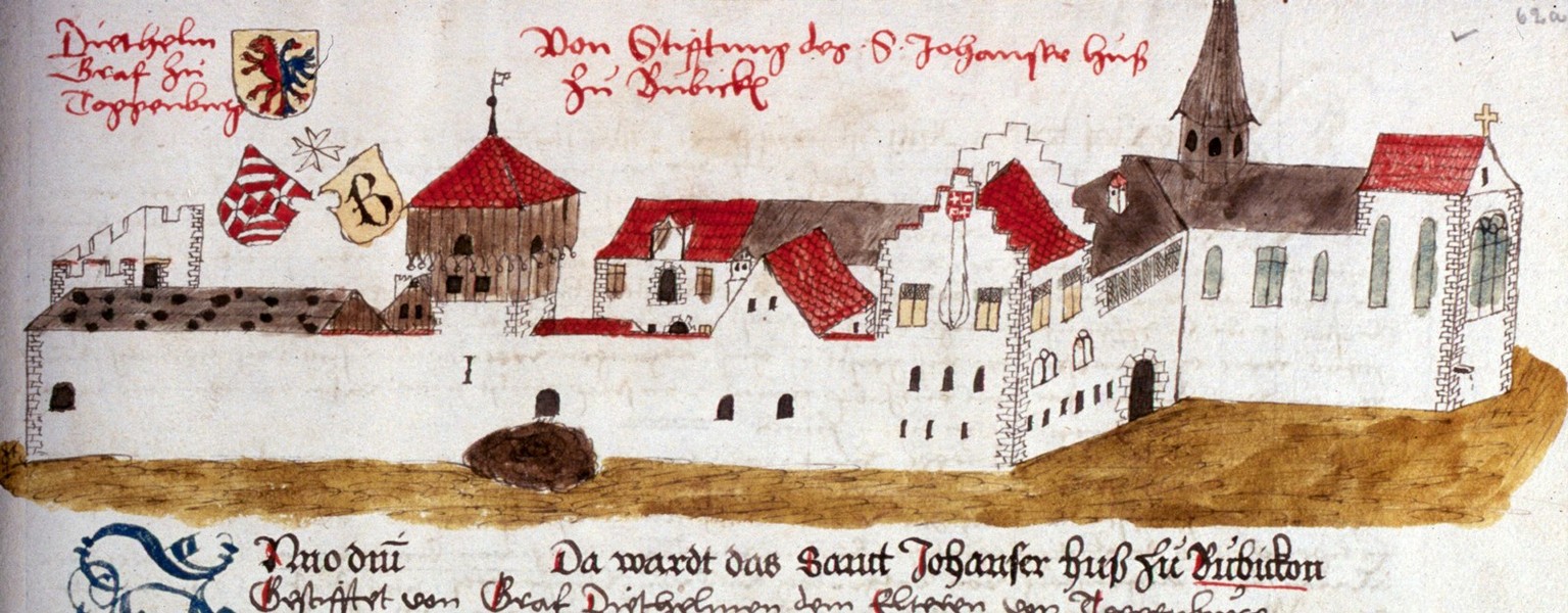 Die Johanniterkommende Bubikon ca. 1530 mit dem alten Wappen der Freiherren von Toggenburg. Die Zeichnung wird Johannes Stumpf zugeschrieben, um 1530.
https://de.wikipedia.org/wiki/Ritterhaus_Bubikon# ...