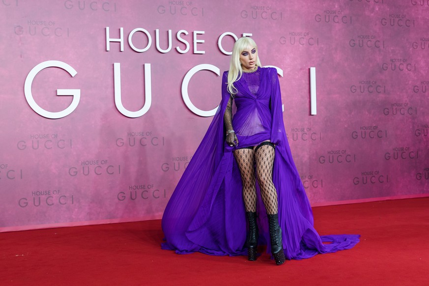 epa09573044 US singer-songwriter Lady Gaga attends the UK premiere of the film &#039;House of Gucci&#039; at the Odeon Leicester Square in London, Britain, 09 November 2021. The movie will be released ...