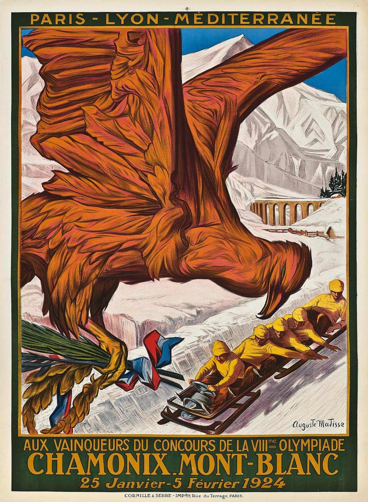 A poster for the first Winter Olympic games in Chamonix, France, January-February 1924. Designed by Auguste Matisse, the poster was published by a railway company, which had contributed to the constru ...