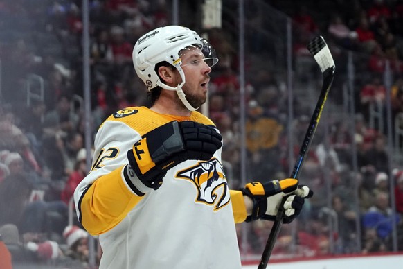 Nashville Predators center Ryan Johansen (92) celebrates after scoring a goal against the Detroit Red Wings in the first period of an NHL hockey game Tuesday, Dec. 7, 2021, in Detroit. (AP Photo/Paul  ...