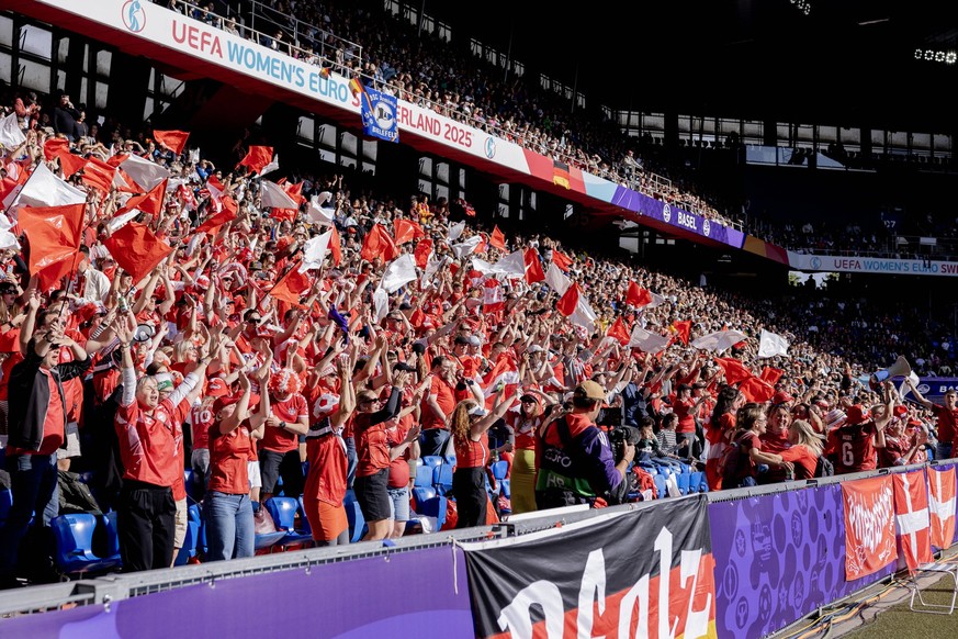 Basel, Switzerland, July 08st 2025: Denmark fans celebrates the goal scored by Amalie Vangsgaard 21 DNK during the UEFA Womens EURO 2025 Group C match between Germany and Denmark at St. Jakob-Park in  ...