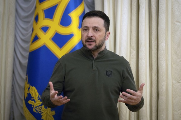 Ukrainian President Volodymyr Zelenskyy speaks during the briefing with President of the European Investment Bank Nadia Calvino in Kyiv, Ukraine, Monday, Feb. 10, 2025. (AP Photo/Efrem Lukatsky)