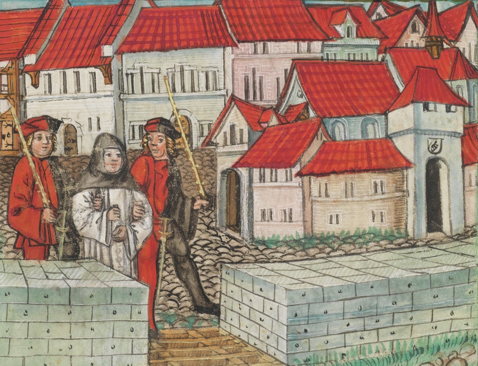 Two Bernese municipal officials lead Hans Jetzer to prison.  https://www.e-codices.unifr.ch/de/kol/S0023-2//501