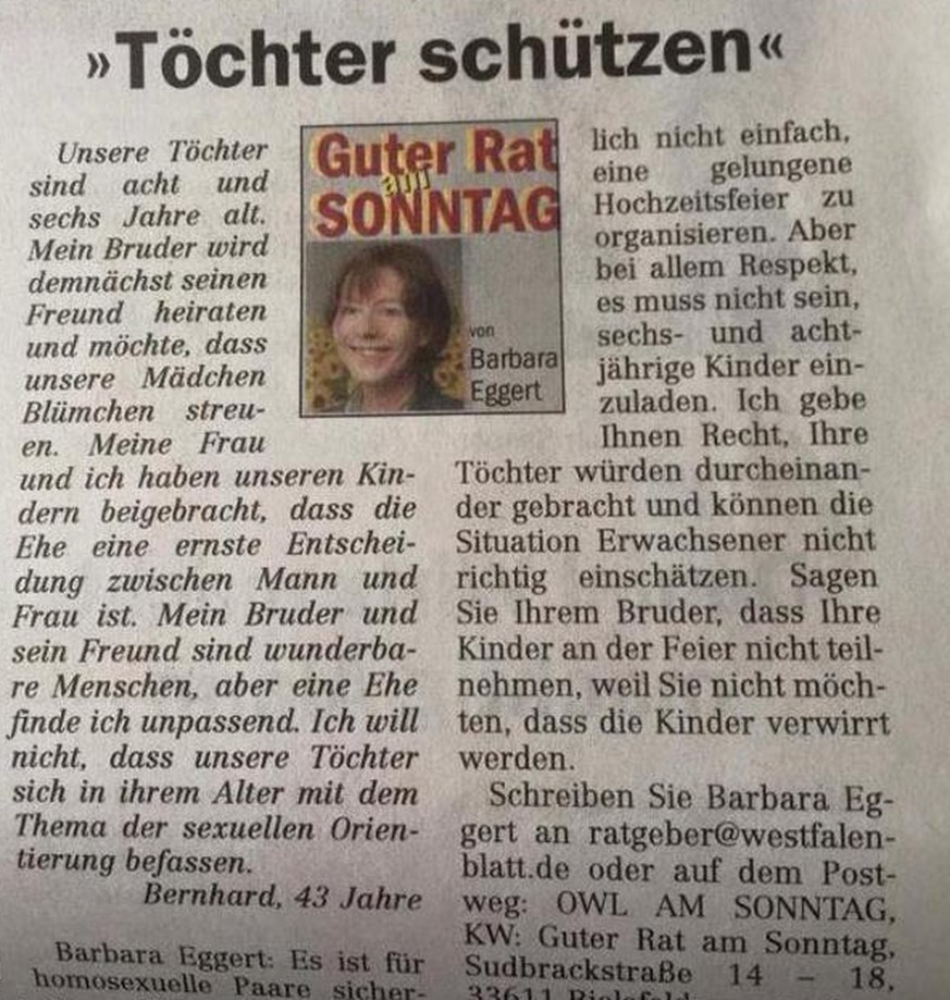 «Kinder sollten homosexueller Hochzeit fernbleiben» – Verwirrung und Shitstorm wegen Zeitungs-Ratgeberin
