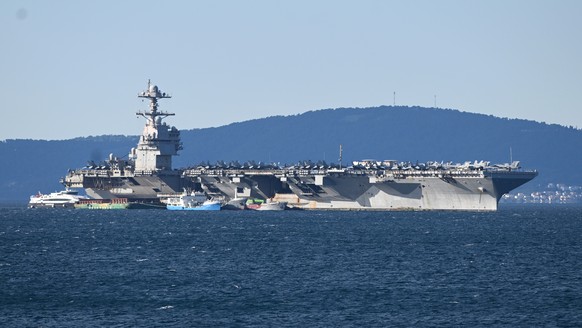 epaselect epa12858424 The US Navy aircraft carrier USS Gerald R. Ford (CVN-78) sits anchored in Split, Croatia, 29 March 2026. The ship arrived for repairs following a non-combat fire during operation ...