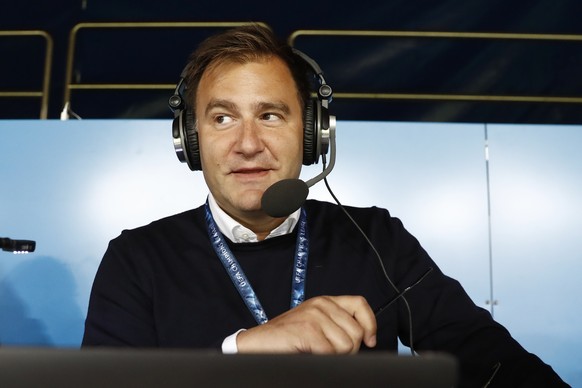 Sascha Ruefer, Swiss sports moderator for the Swiss TV SRF, looks on prior to the 2018 Fifa World Cup Russia group B qualification soccer match between Switzerland and Hungary in the St. Jakob-Park st ...