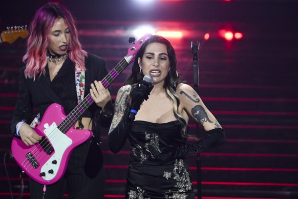 epa12774881 Italian band Bambole di Pezza performs on stage at the Ariston theatre during the 76th Sanremo Italian Song Festival, in Sanremo, Italy, 24 February 2026. The music festival runs from 24 t ...