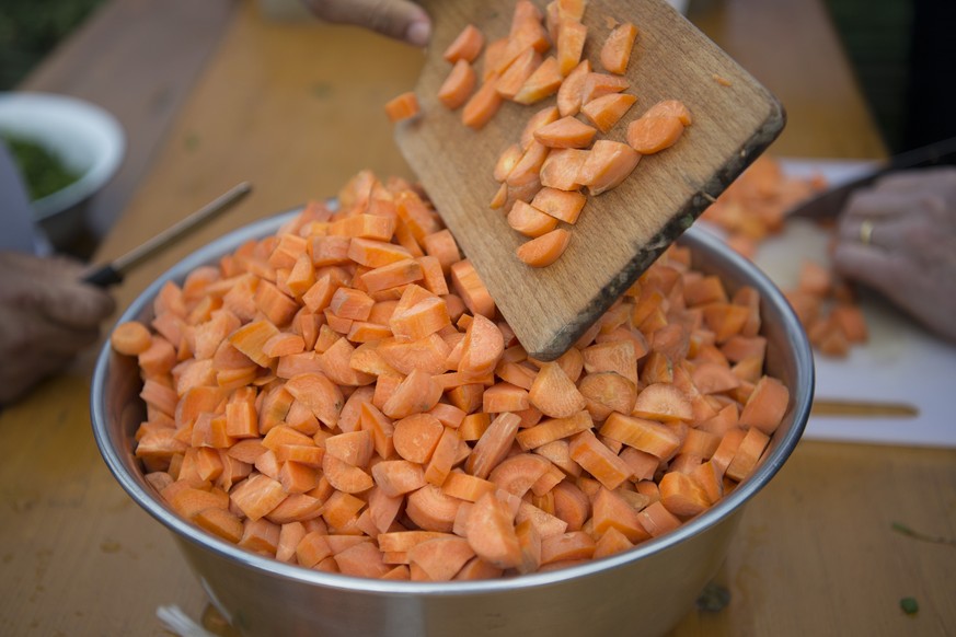 Impression vom Foodsaver Jam, einem oeffentlichen Gemueseruesten und Kochen von geretteten Lebensmitteln, fotografiert auf dem Barfuesserplatz in Basel, am Montag, 2. Mai 2016. Jeder kann mitjammen, a ...