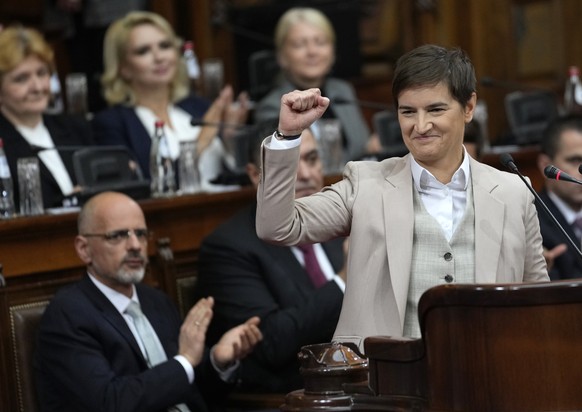 Serbia&#039;s prime minister designate Ana Brnabic salutes before laying out a plan for the new government to the parliament members, six months after the elections held on April, in Belgrade, Serbia, ...