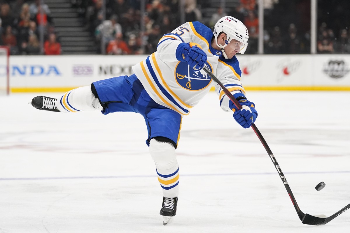 Buffalo Sabres' Arttu Ruotsalainen shoots during the first period of an NHL hockey game against the Anaheim Ducks, Thursday, Oct. 28, 2021, in Anaheim, Calif. (AP Photo/Jae C. Hong)