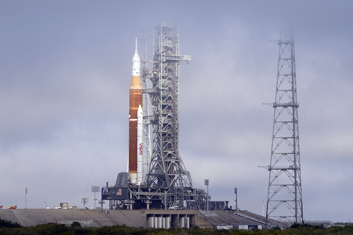 FILE -The NASA Artemis rocket with the Orion spacecraft aboard stands on pad 39B at the Kennedy Space Center in Cape Canaveral, Fla., Friday, March 18, 2022. NASA is kicking off a critical countdown t ...