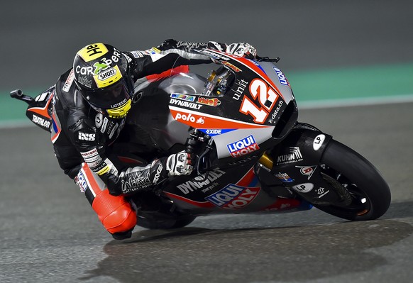 epa08276875 Swiss Moto2 rider Thomas Luethi of Liqui Moly Intact GP in action during the qualifying session of the Motorcycling Grand Prix of Qatar at the Losail International Circuit in Doha, Qatar,  ...